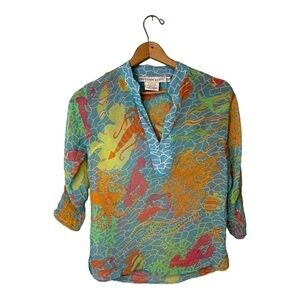 Gretchen Scott XXS Tropical Coral Print Tunic Blouse Multicolor Lightweight